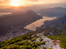 Aerial View Of Kotor Bay At Sunset, Montenegro, From Scenic Lookout, Montenegro.