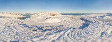 Aerial Panoramic View Of Lakes And Mountains, Covered With A Thick Layer Of Snow Near Seydisfjordur, Snaefellsnes, Iceland.