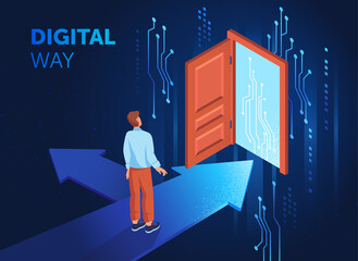 Wall Mural - Path of digital technology and progress. Young man walks forward along arrow through an open door. Technical innovation and progressive society. Cartoon contemporary isometric vector illustration