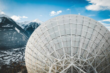 Aerial View Of A Large Satellite Dish At Signalhorn Station In Winter, Leuk, Switzerland.