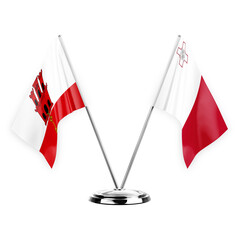 Two table flags isolated on white background 3d illustration, gibraltar and malta