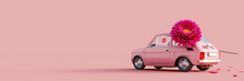 Pink Retro Car With Flower. Valentine's Day Concept Background 3D Rendering, 3D Illustration