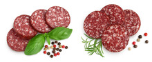 Smoked Sausage Salami Slices Isolated On White Background With Clipping Path And Full Depth Of Field. Top View. Flat Lay