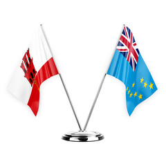 Two table flags isolated on white background 3d illustration, gibraltar and tuvalu