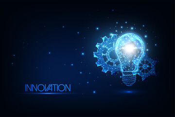 Wall Mural - futuristic innovation technologies concept with glowing low polygonal light bulb and gears