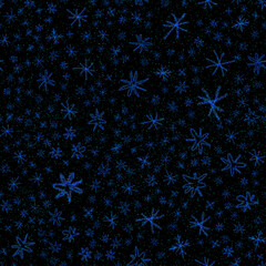 Hand Drawn Snowflakes Christmas Seamless Pattern. Subtle Flying Snow Flakes on chalk snowflakes Background. Actual chalk handdrawn snow overlay. Exceptional holiday season decoration.