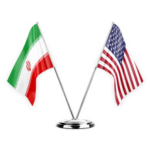 Two Table Flags Isolated On White Background 3d Illustration, Iran And Usa