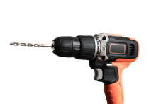 Cordless Screwdriver Drill With Battery Isolated On White Background On Medium Plane  