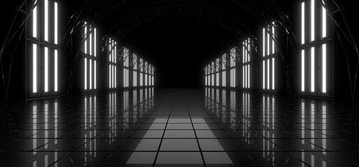 Poster - a dark tunnel lit by white neon lights. reflections on the floor and walls. 3d rendering image.
