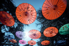 Low Angle View Of Colorful Paper Umbrellas Decoration Outdoor