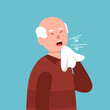 Senior man coughing concept vector illustration. Sick person from cold, flu and virus, influenza in flat design. Old man holding handkerchief sneeze and cough.