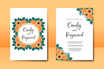  Wedding invitation frame set, floral watercolor Digital hand drawn Orange Rose and Anemone Flower design Invitation Card Template