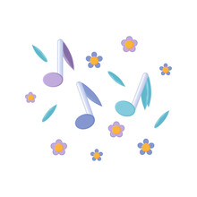 Musical Notes 3d With Flowers. Sonata, Melody Or Solfeggio Art. A Contemporary Or Classic Piece With A Subtle Song Sound. Musical Piece 3d. A Drawn Digital Lullaby With Colorful, Fun Notes. Vector 