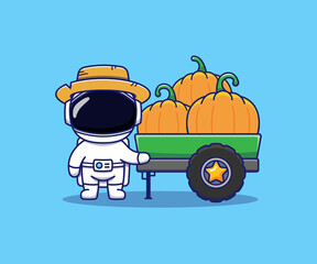 Wall Mural - Cute astronaut many pumpkins in the lorry