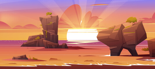 Wall Mural - Sunset in ocean with rocks sticking up of water. Tranquil nature landscape with surf sea waves under dusk sky with pink clouds and bright sun beams. Rocky shore with sand, Cartoon vector illustration
