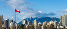 National Flag Of Canada With Vancouver City Downtown Condominium Apartment Skyline Panorama View. British Columbia.