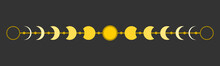 Yellow Moon Different Phases Or Lunar Phases Mysterious Astrology On Black Background Flat Vector Design Icon.