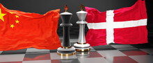 China Denmark Talks, Meeting Or Trade Between Those Two Countries That Aims At Solving Political Issues, Symbolized By A Chess Game With National Flags, 3d Illustration
