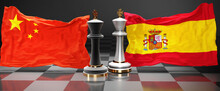 China Spain Talks, Meeting Or Trade Between Those Two Countries That Aims At Solving Political Issues, Symbolized By A Chess Game With National Flags, 3d Illustration