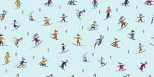 Snowboard Time, People Snowboarding From The Mountain. Seamless Pattern For Your Design