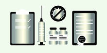 Vaccination. Quality Certificate For The Vaccine. Checklist For Two Doses In A Vial And Syringe. Modern Medical Poster For Clinic With Silver Metal Effect. Vector.