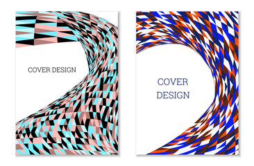 Bright patchwork from multi-colored triangles. Unusual colorful design for cover or background. Set of two templates