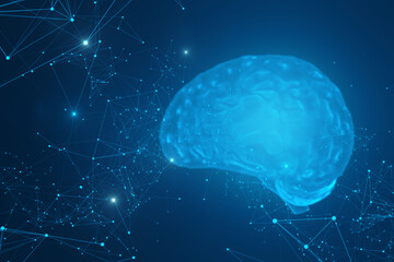 Aufkleber - Abstract glowing blue polygonal brain interface on blurry background. AI and technology concept. 3D Rendering.