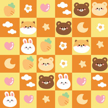 Seamless Pattern Of Cute Animals On Orange Checkered Background.Childish Cartoon.Image For Apparel,fabric,textile,decoration,wrapping Paper Gift.Rabbit,shiba Inu Dog,bear.Kawaii.Vector.Illustration.