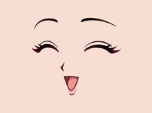 Happy Anime Face. Manga Style Closed Eyes, Little Nose And Kawaii Mouth. Hand Drawn Vector Illustration.