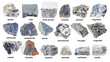 set of various raw gray rocks with names cutout
