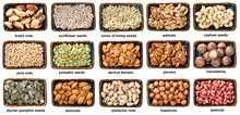Set Of Various Peeled Nuts In Bowls With Names