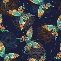 Seamless patterns with moths. Vector graphics. Contemporary composition. Trendy texture for print, textile, packaging.