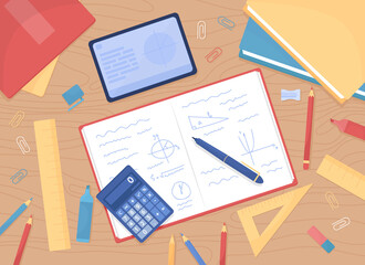 Poster - Mathematics homework flat color vector illustration. Calculating math. Workspace for students. Table with books and textbooks. Top view 2D cartoon illustration with desktop on background collection