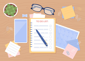 Poster - Daily planning flat color vector illustration. Pencil on textbook. Checklist in open notebook. Write agenda for daily routine. Top view 2D cartoon illustration with desktop on background collection