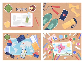 Poster - Daily activities flat color vector illustration set. Reading book. Fitness exercises. Planning travel. Drawing for kids. Top view 2D cartoon illustration with desktop on background collection
