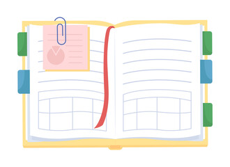 Poster - Open planner semi flat color vector object. Blank pages in diary. Notes in textbook. Realistic item on white. Lifestyle isolated modern cartoon style illustration for graphic design and animation