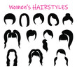 Black silhouettes set of womens heads with various trendy hairstyles. Flat vector modern long and short haircuts and hair styling designer kit.