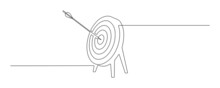 Continuous One Line Drawing Of Arrow In Center Of Target. Strategic Marketing Or Business Concept With Board And Shot Bullseye In Simple Linear Style. Doodle Vector Illustration