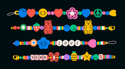 Plastic beads Bracelets. Old school Friendship bands. Colorful funky bracelets with letters, stars, hearts, peace sign, gummy bear. Cartoon 90s style. Hand made, diy concept. Hand drawn Vector set