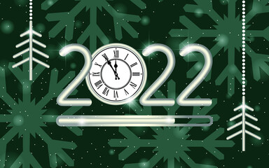 2022 New Year loading luxury pattern. Merry Christmas emerald green banner with hanging silver fir trees. Winter holiday metal shiny numerals and antique roman clock. Vector