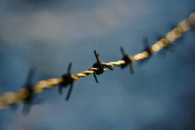 Barbed Wire. Barbed Wire On Fence With Blue Sky