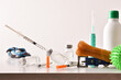 Background with tools for canine vaccination and dog accessories front