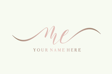 Wall Mural - ME monogram logo.Calligraphic signature icon.Letter m and letter e.Lettering sign isolated on light fund.Wedding, fashion, beauty alphabet initials.Elegant, luxury handwritten style.