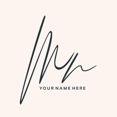 Wall Mural - MN monogram logo.Calligraphic icon.Letter m, letter n.Lettering sign isolated on light fund.Signature alphabet initials.Elegant handwritten, script, ink style.