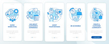 Customer Service Tips Blue Onboarding Mobile App Screen. Support Ethic Walkthrough 5 Steps Graphic Instructions Pages With Linear Concepts. UI, UX, GUI Template. Myriad Pro-Bold, Regular Fonts Used