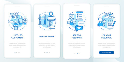 Client service blue onboarding mobile app screen. Customer support walkthrough 4 steps graphic instructions pages with linear concepts. UI, UX, GUI template. Myriad Pro-Bold, Regular fonts used