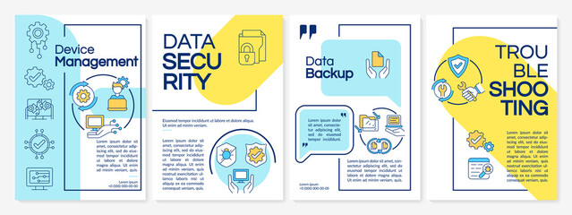 Computer services blue and yellow brochure template. Booklet print design with linear icons. Vector layouts for presentation, annual reports, ads. Questrial-Regular, Lato-Regular fonts used