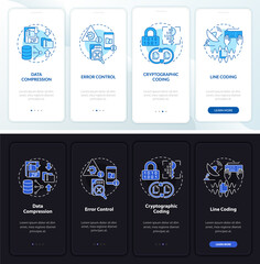 Types of coding night and day mode onboarding mobile app screen. Develop walkthrough 5 steps graphic instructions pages with linear concepts. UI, UX, GUI template. Myriad Pro-Bold, Regular fonts used
