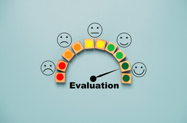 Poster - Customer evaluation indicator rating print screen wooden cube block since low to high on blue background for client satisfaction after use product and service  concept.