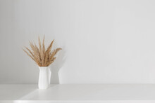 Dried Wild Flowers In White Vase On Wooden Shelf On Background White Wall